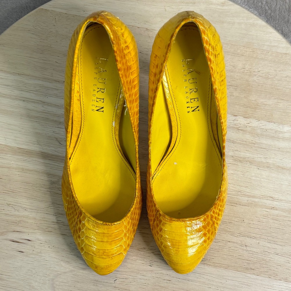 Lauren Ralph Lauren Kailee Yellow Snakeskin Embossed Leather Platform Pumps 5.5B - Picture 14 of 16